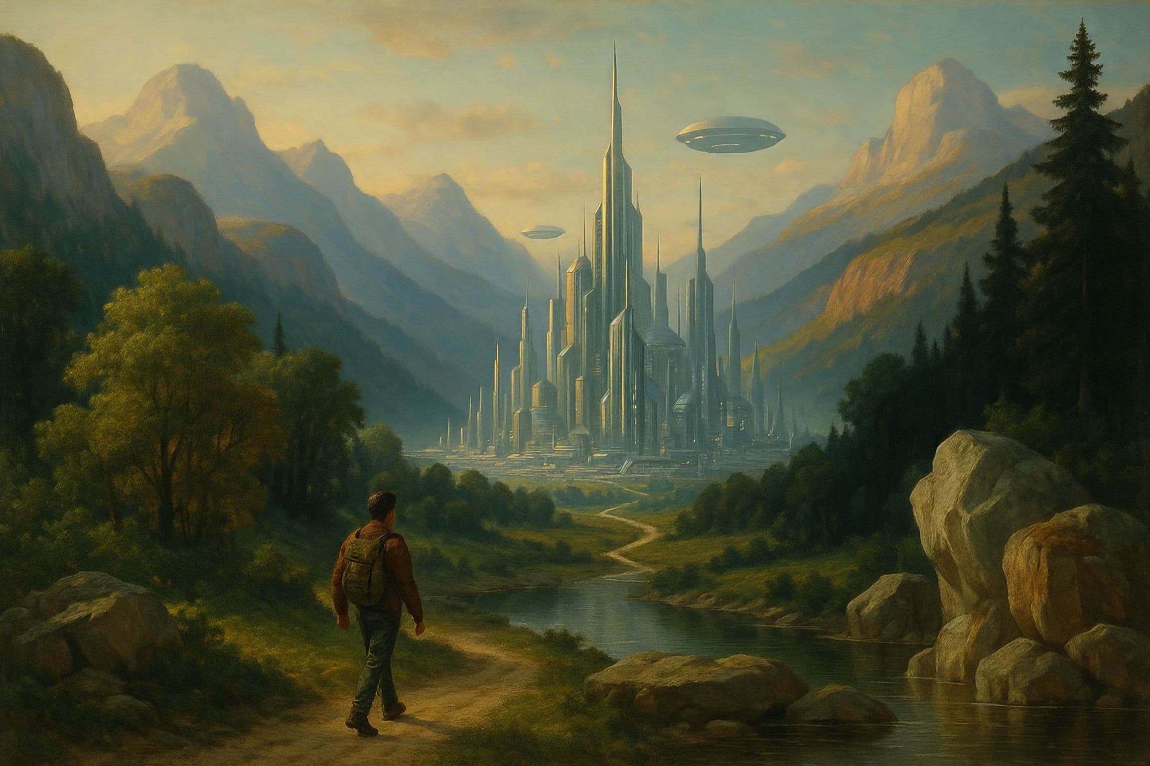 Ein junger Mann wandert durch ein Tal mit Fluss und Wäldern, im Hintergrund eine futuristische Stadt in den Bergen.
